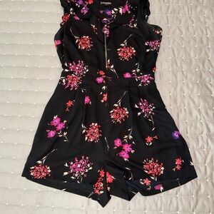 Express Black Floral Romper with Pink & Red Accents